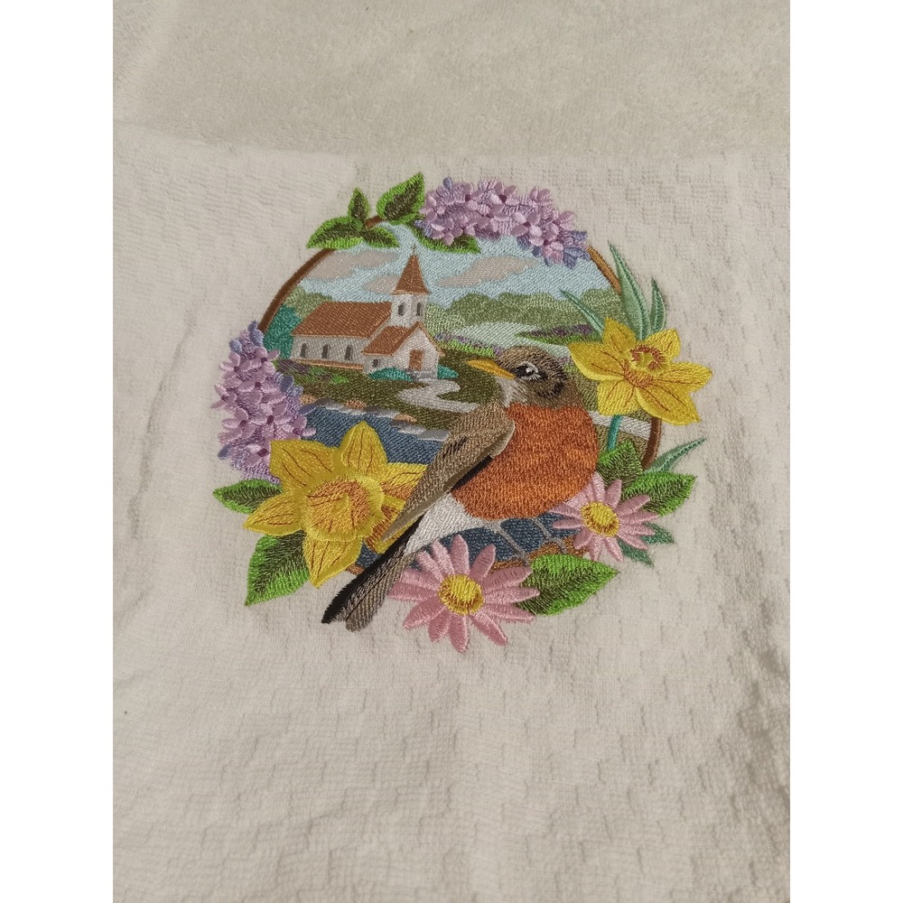 Embroidered Kitchen‎ Towel Robin Bird Church Floral Cottagecore Decor